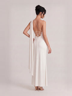 Elegant Off-shoulder Ribbon Satin Maxi Dress