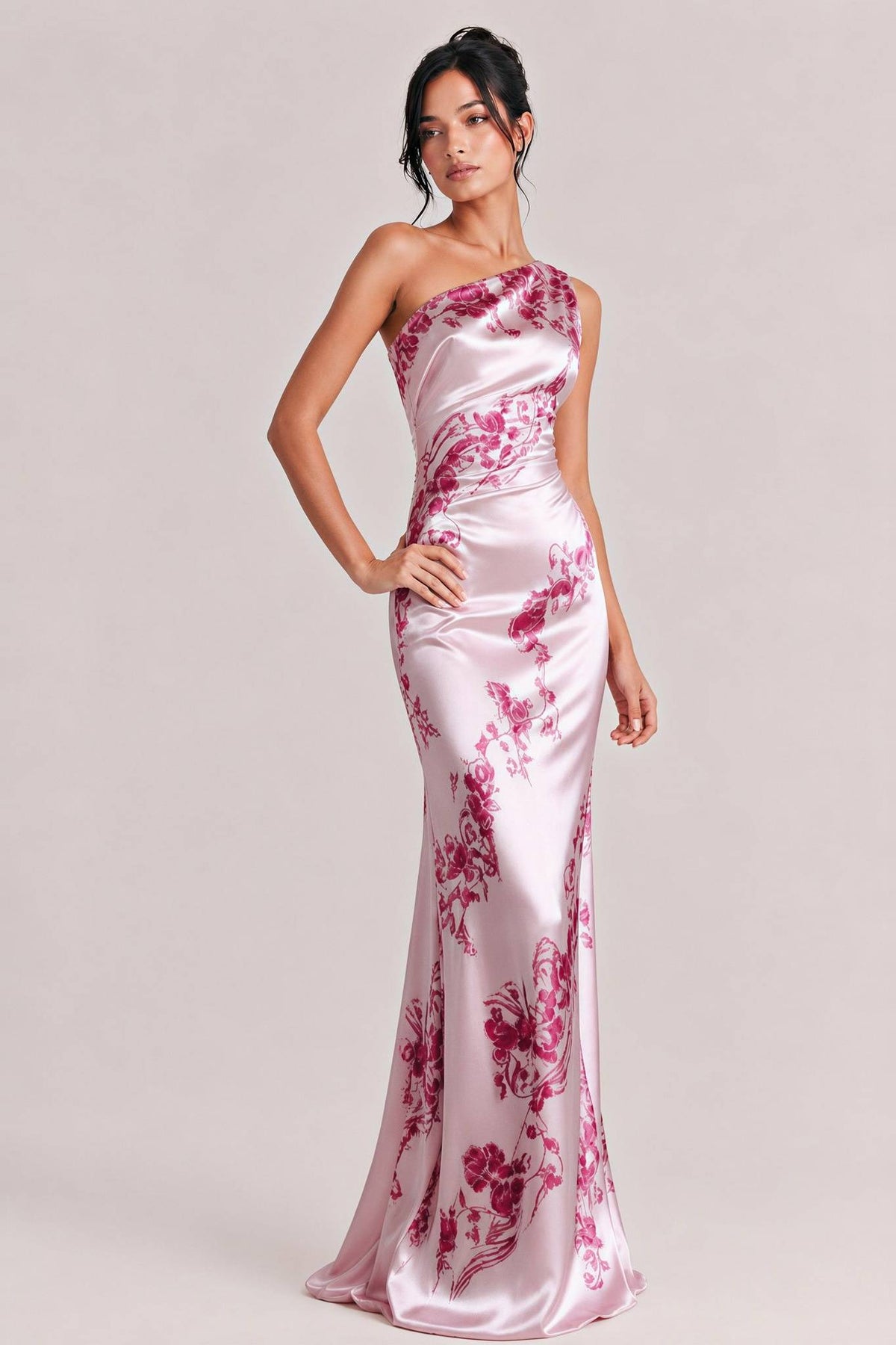 Elegant One-shoulder Floral Satin Maxi Dress