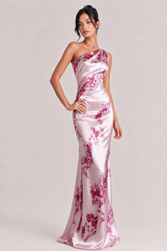 Elegant One-shoulder Floral Satin Maxi Dress