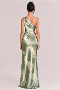 Elegant One-shoulder Floral Satin Maxi Dress