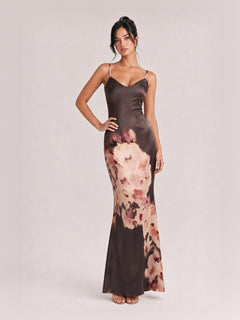 Sexy Dark Brown Rose Floral Print Maxi Dress