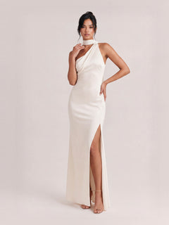 Elegant Off-shoulder Ribbon Satin Maxi Dress