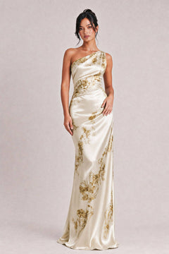 Elegant One-shoulder Floral Satin Maxi Dress