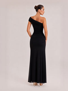 Elegance Effortless  Mesh Off Shoulder Ruched Stretch Maxi Dress