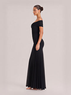 Elegance Effortless  Mesh Off Shoulder Ruched Stretch Maxi Dress