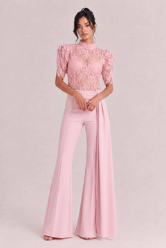 Elegant Lace High-Neck Top & Wide-Leg Pants Two-Piece Set