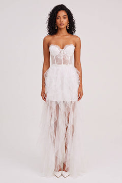 White Strapless Lace Waist Irregular Front Short Back Long Mesh Trailing Short Dress