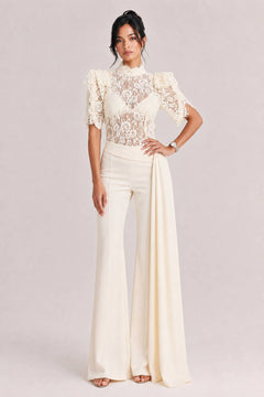 Elegant Lace High-Neck Top & Wide-Leg Pants Two-Piece Set