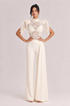 Elegant Lace High-Neck Top & Wide-Leg Pants Two-Piece Set