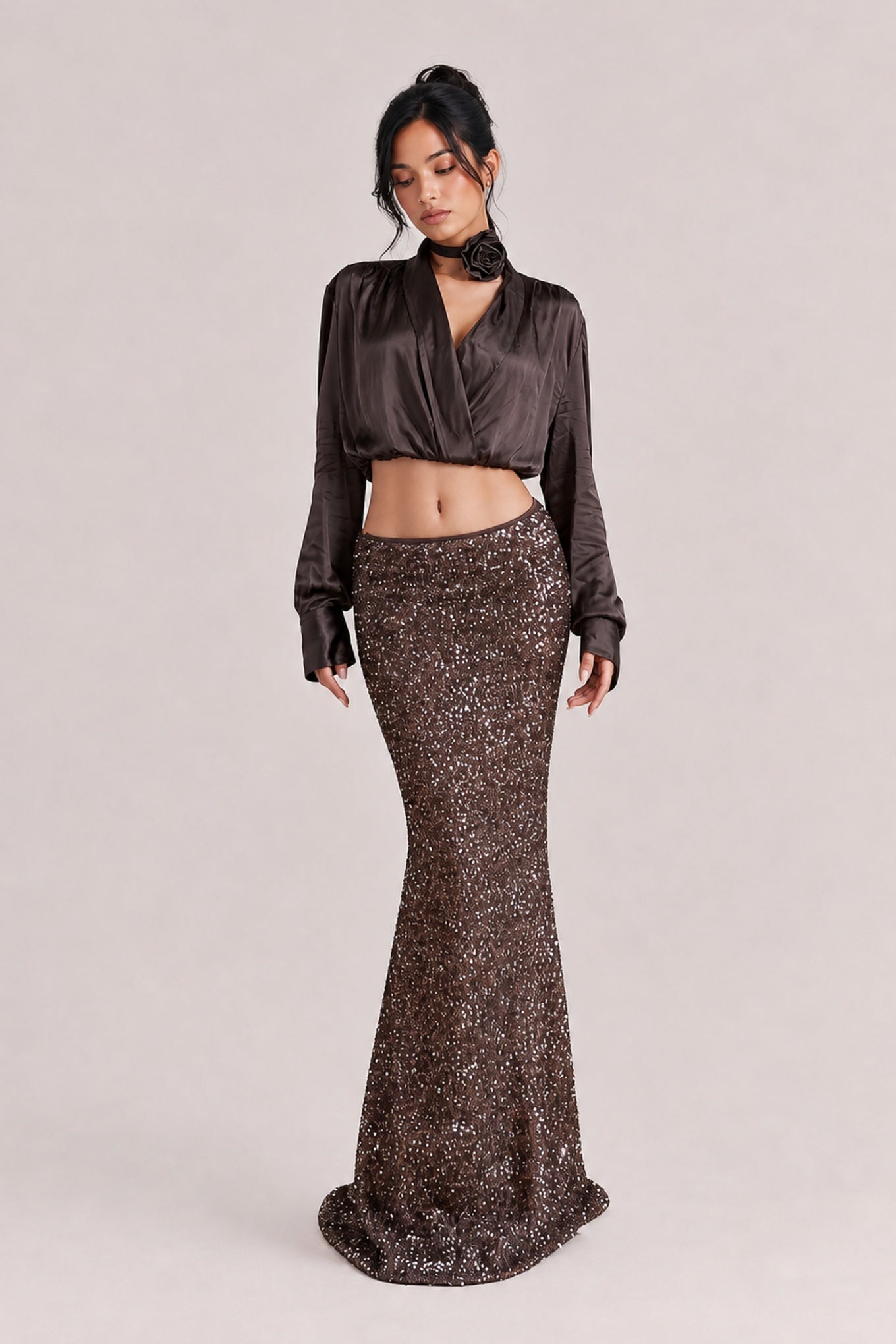 Vintage Charm Two-Piece: Satin Crop And Sequined Mermaid Dress