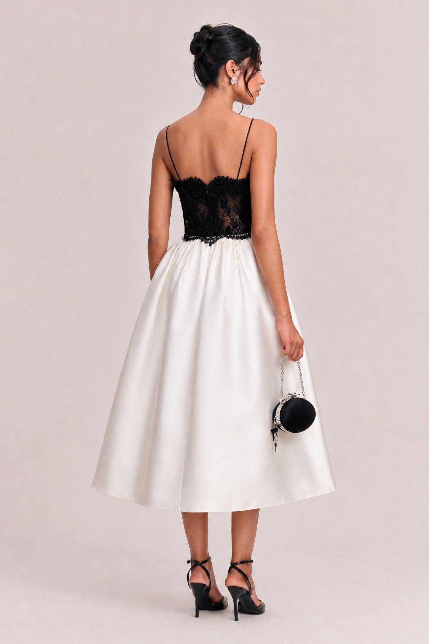 French V-Neck Perspective Lace Slip Dress Black And White Color-block High Waist A- Line Satin Banquet Dress