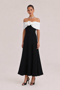 Black And White Contrast Color Off-shoulder Stereo Rose Bow Waist A- Line Long Dress