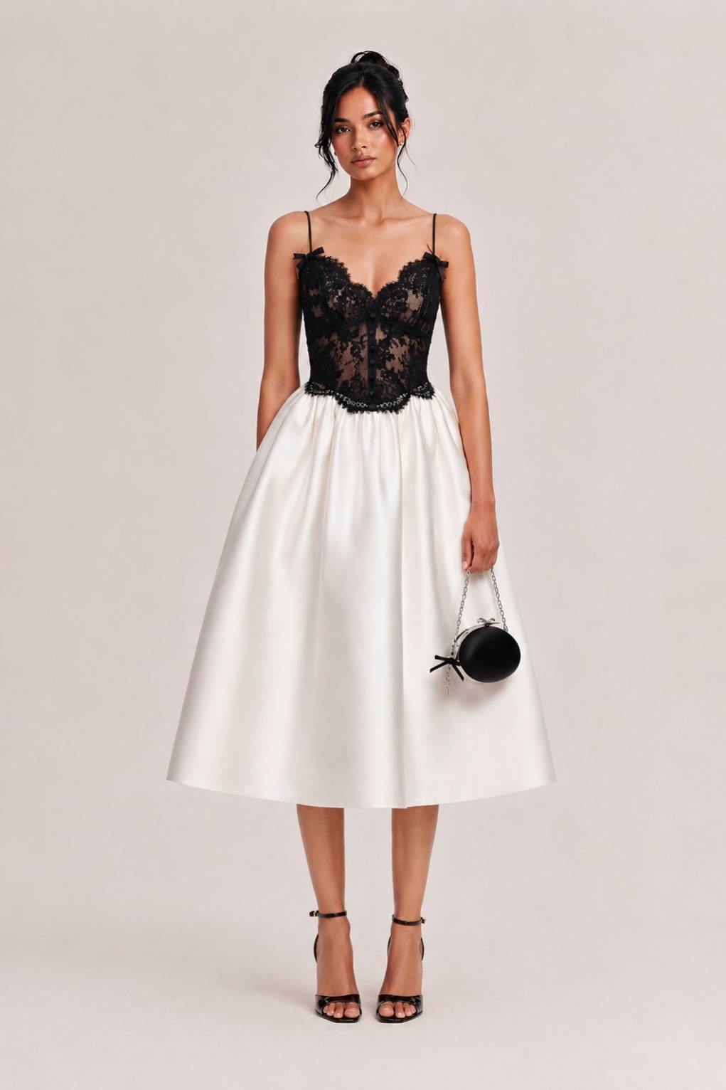 French V-Neck Perspective Lace Slip Dress Black And White Color-block High Waist A- Line Satin Banquet Dress