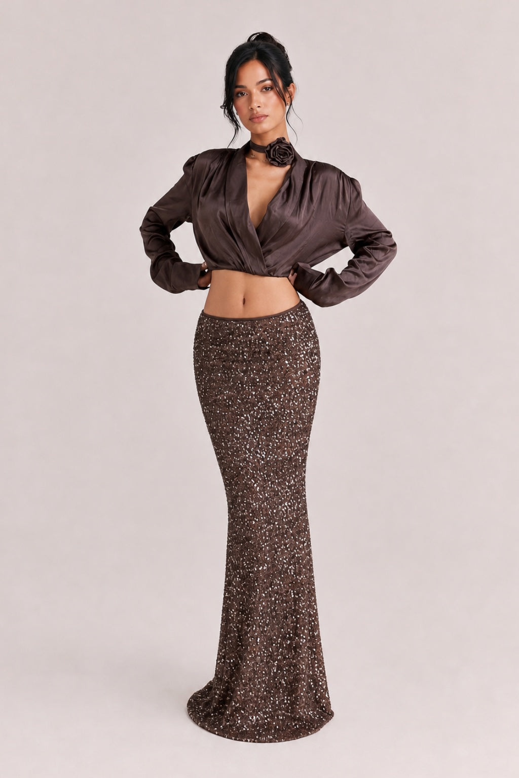 Vintage Charm Two-Piece: Satin Crop And Sequined Mermaid Dress