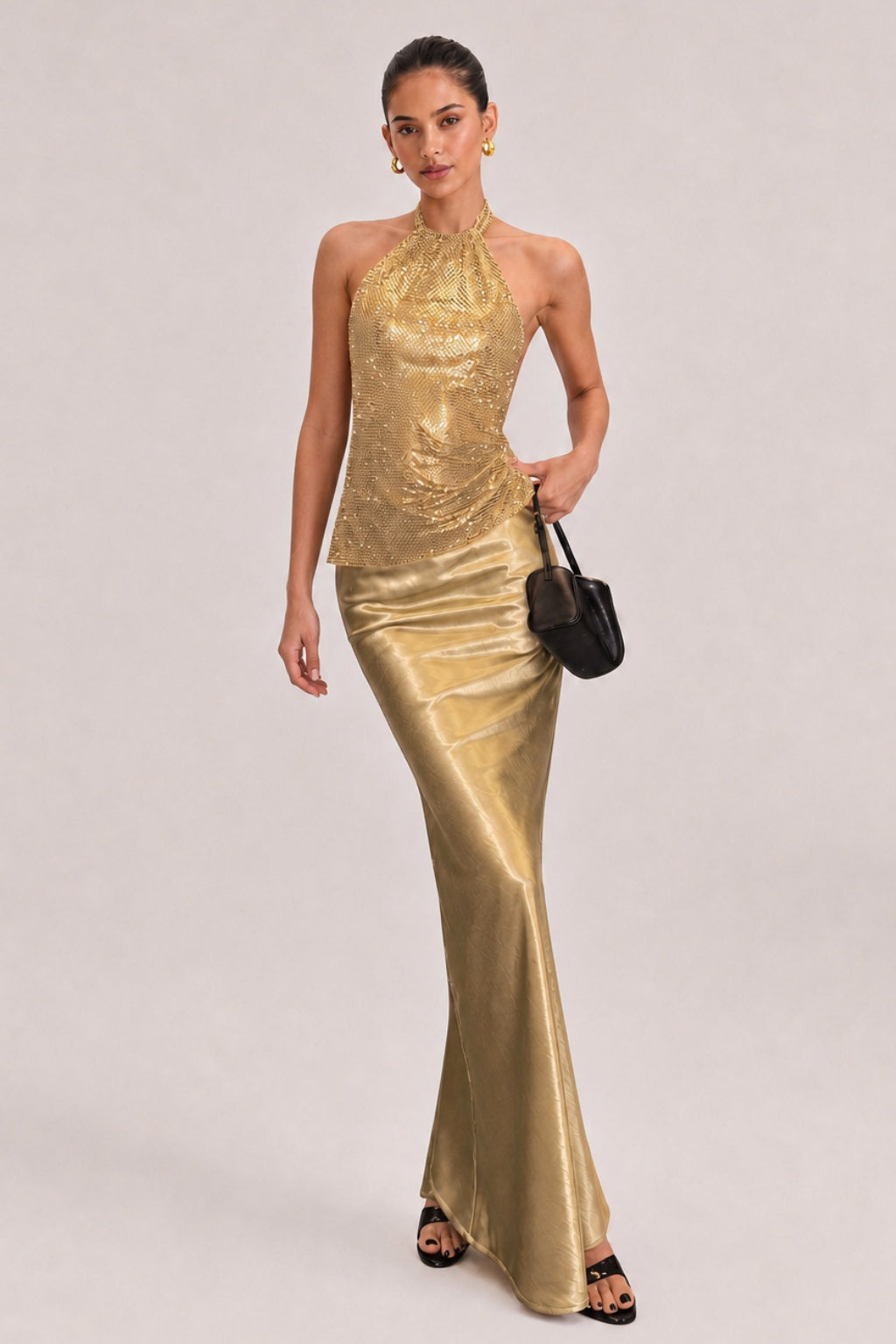 Off-the-shoulder Sequined Off-the-shoulder Top And High-waisted Satin Mermaid Skirt