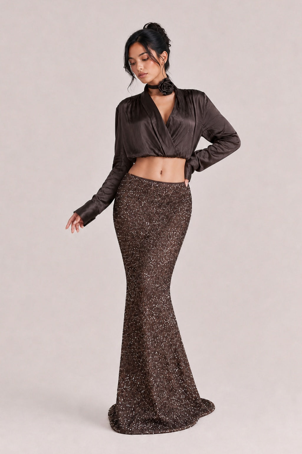 Vintage Charm Two-Piece: Satin Crop And Sequined Mermaid Dress