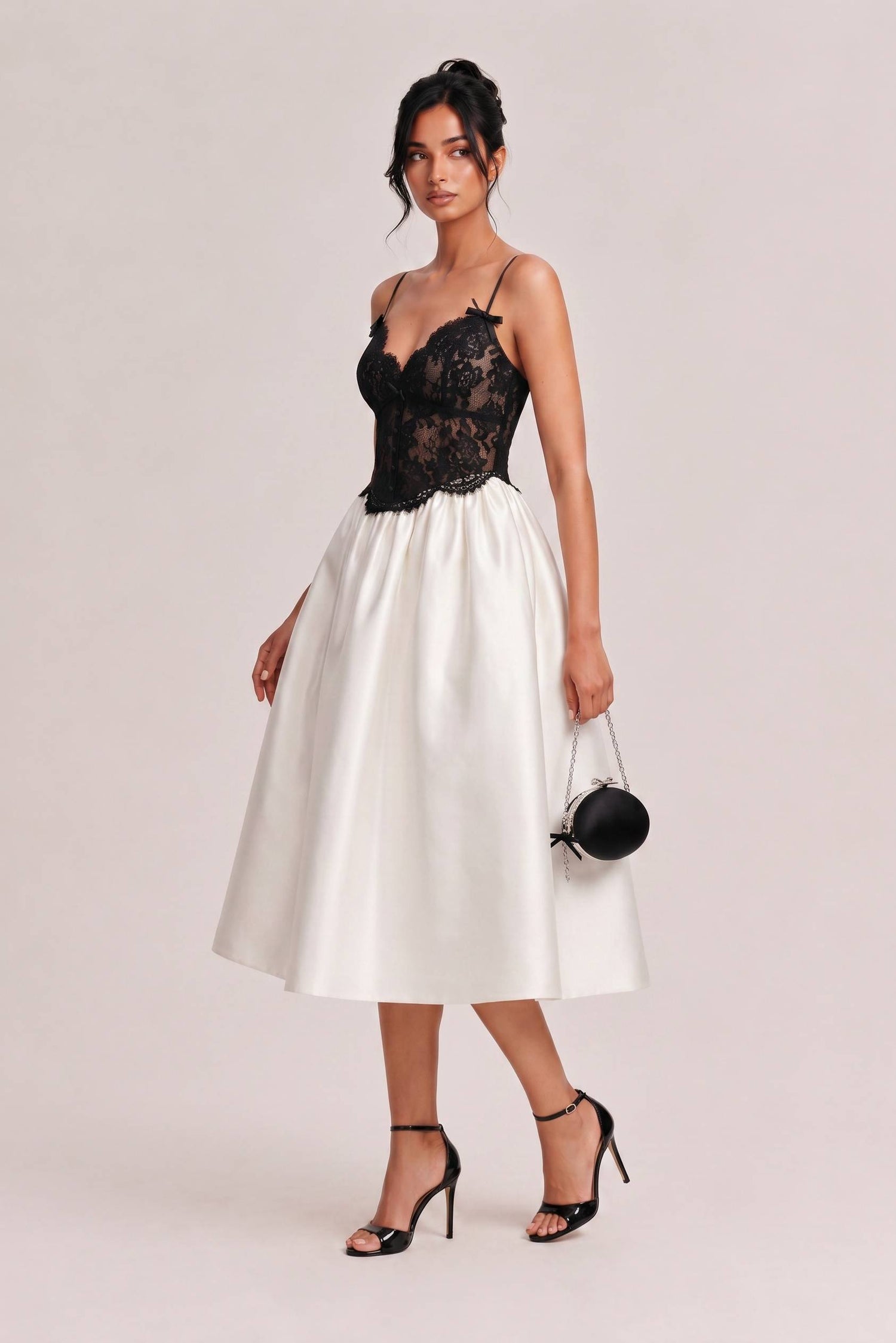 French V-Neck Perspective Lace Slip Dress Black And White Color-block High Waist A- Line Satin Banquet Dress