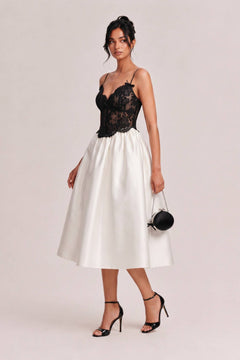 French V-Neck Perspective Lace Slip Dress Black And White Color-block High Waist A- Line Satin Banquet Dress
