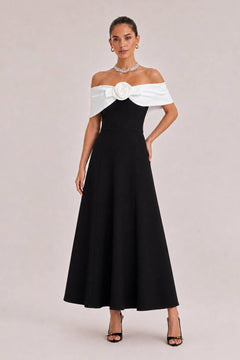 Black And White Contrast Color Off-shoulder Stereo Rose Bow Waist A- Line Long Dress