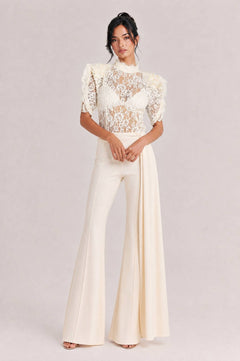 Elegant Lace High-Neck Top & Wide-Leg Pants Two-Piece Set