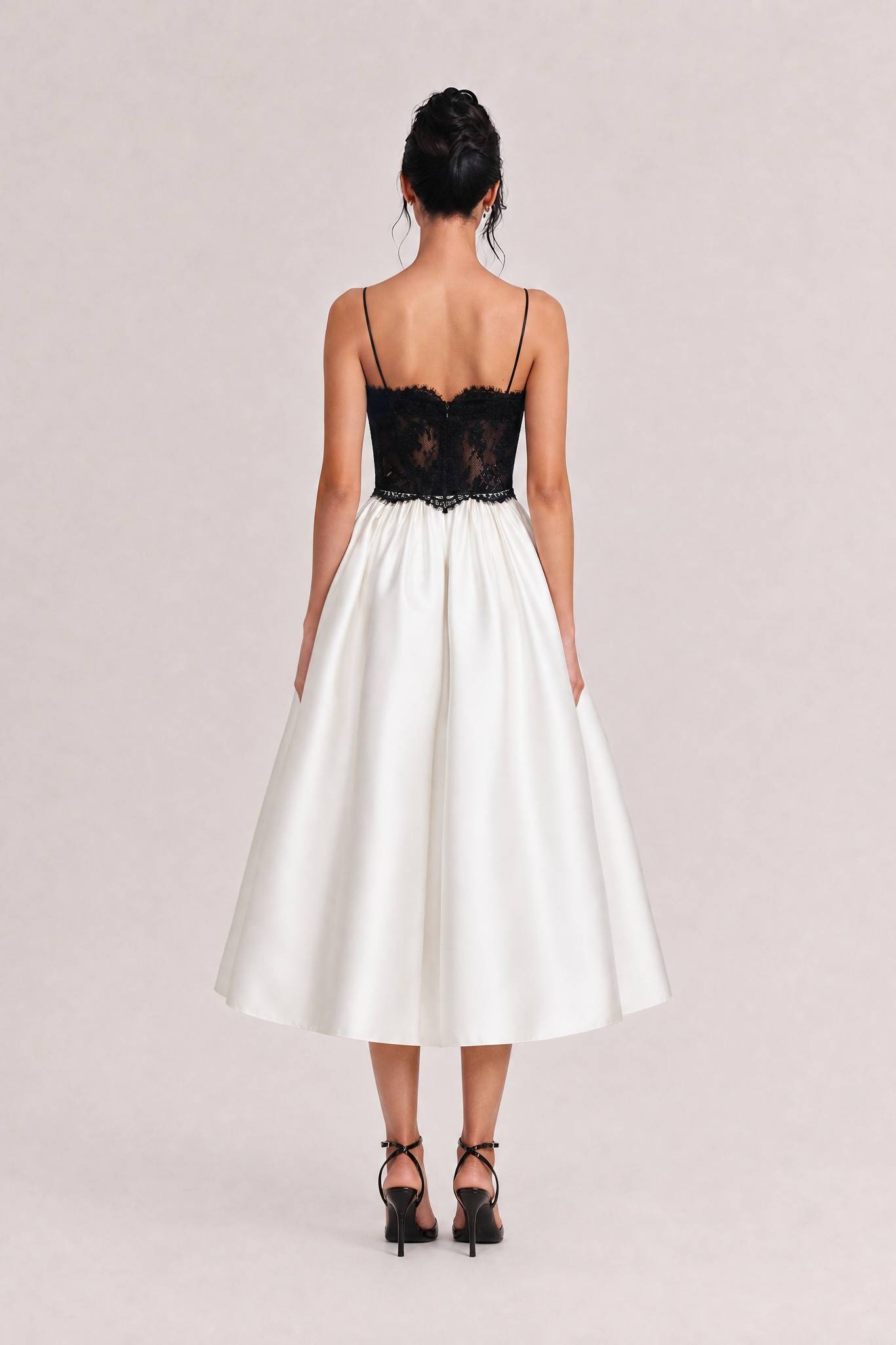 French V-Neck Perspective Lace Slip Dress Black And White Color-block High Waist A- Line Satin Banquet Dress