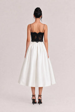 French V-Neck Perspective Lace Slip Dress Black And White Color-block High Waist A- Line Satin Banquet Dress