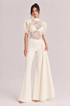 Elegant Lace High-Neck Top & Wide-Leg Pants Two-Piece Set