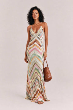 Unique Knit Colorful Herringbone Open Back Maxi Dress