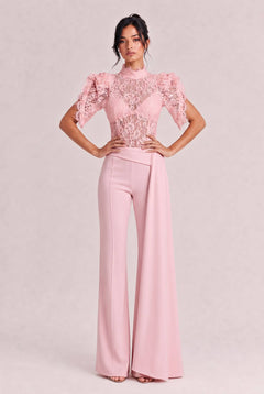 Elegant Lace High-Neck Top & Wide-Leg Pants Two-Piece Set