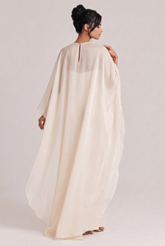 Elegant Sheer Cape Overlay Satin Maxi Dress