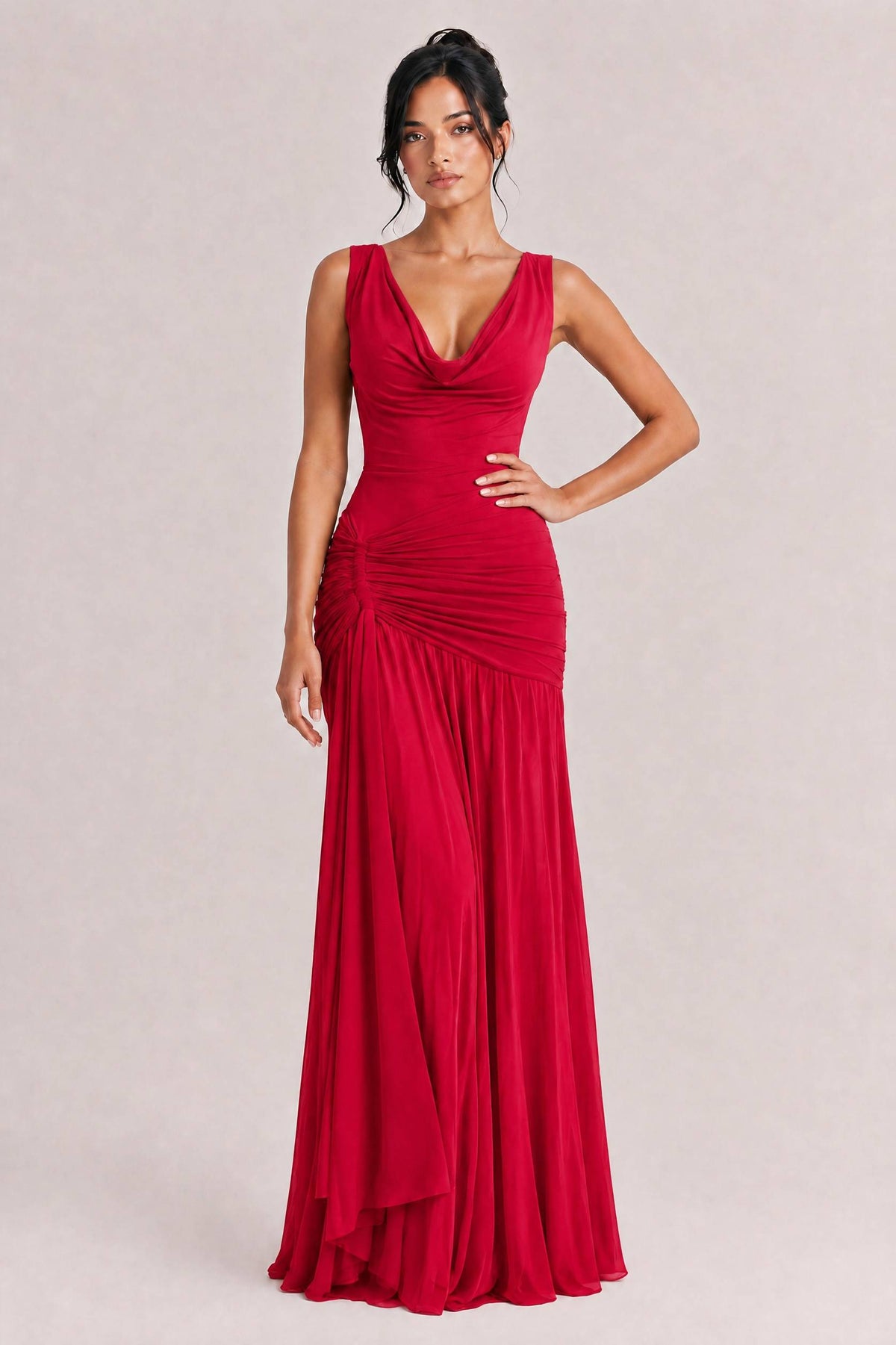 Sexy Cowl Neck Ruched Maxi Dress