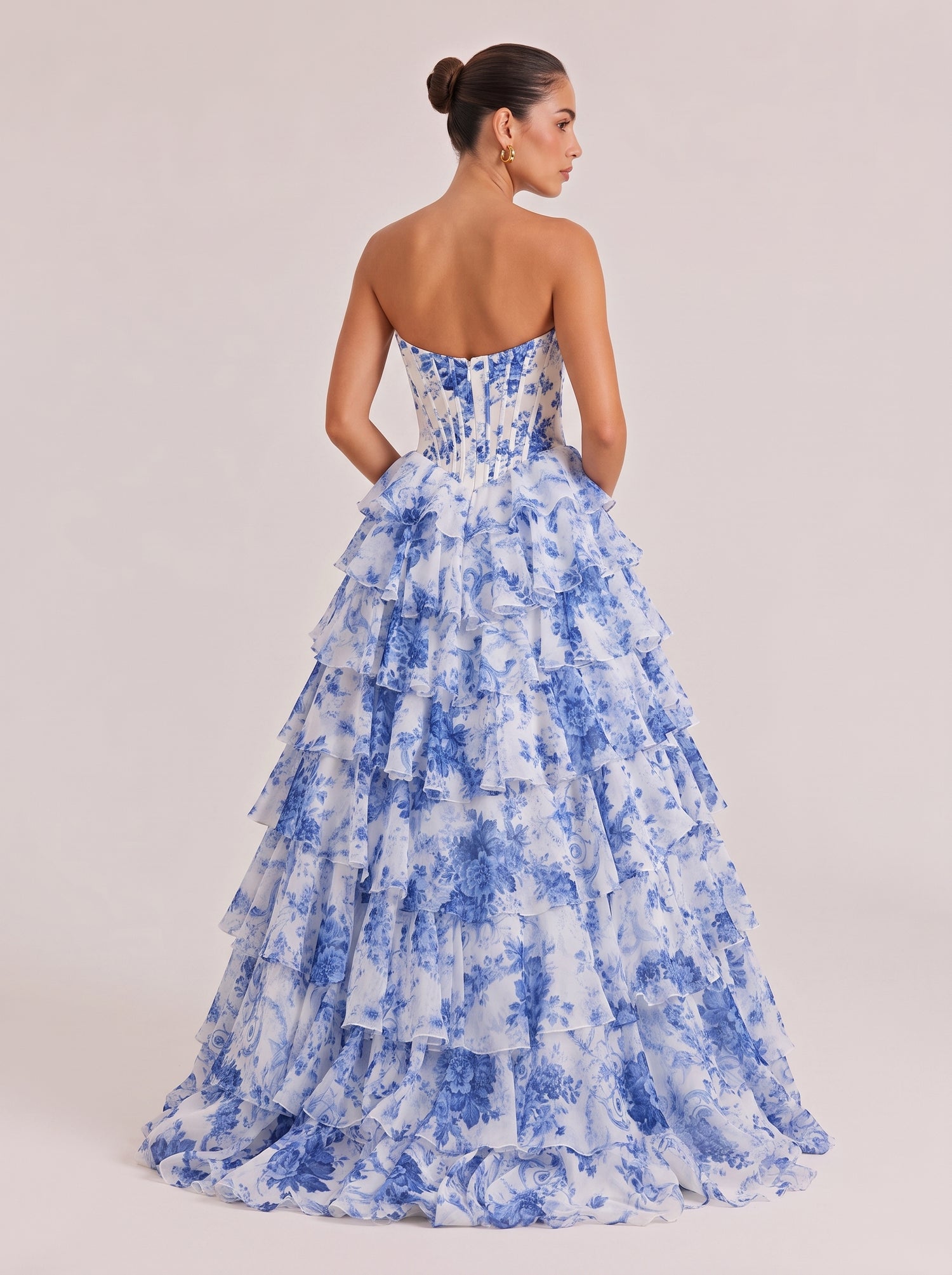 Strapless Fishbone Belted Blue And White Porcelain Printed Multi-Layer Ruffled High Split Canopy Gown