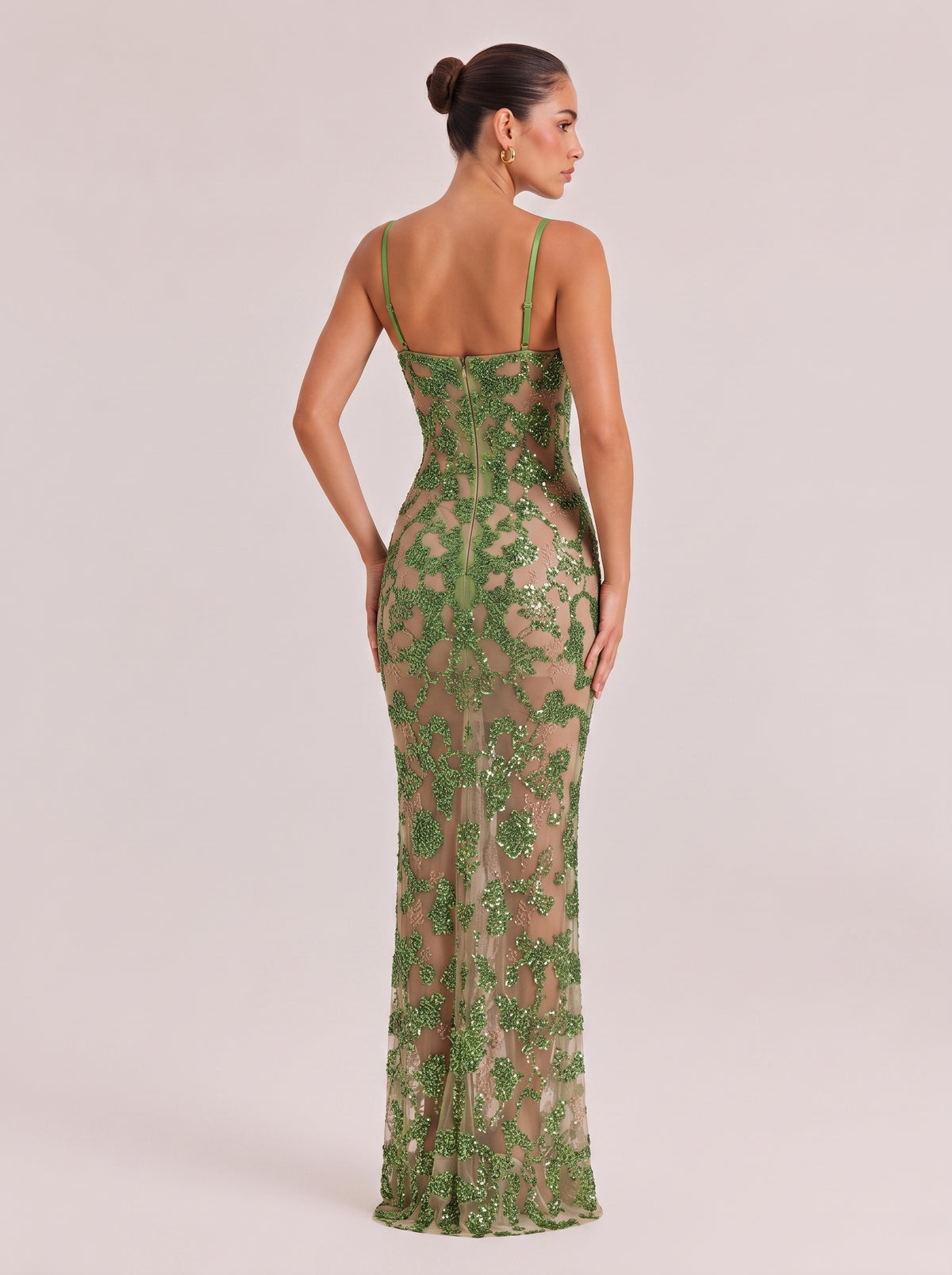 Thin Shoulder Strap Green Sequin See-Through Lace Slim Fishtail Holiday Dress
