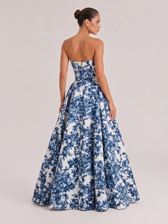 Strapless Blue And White Porcelain Blue Floral Waisted Long Dress