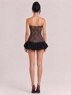 Black Lace Strapless White Bow Tight Waist Bubble Bubble Short Dress