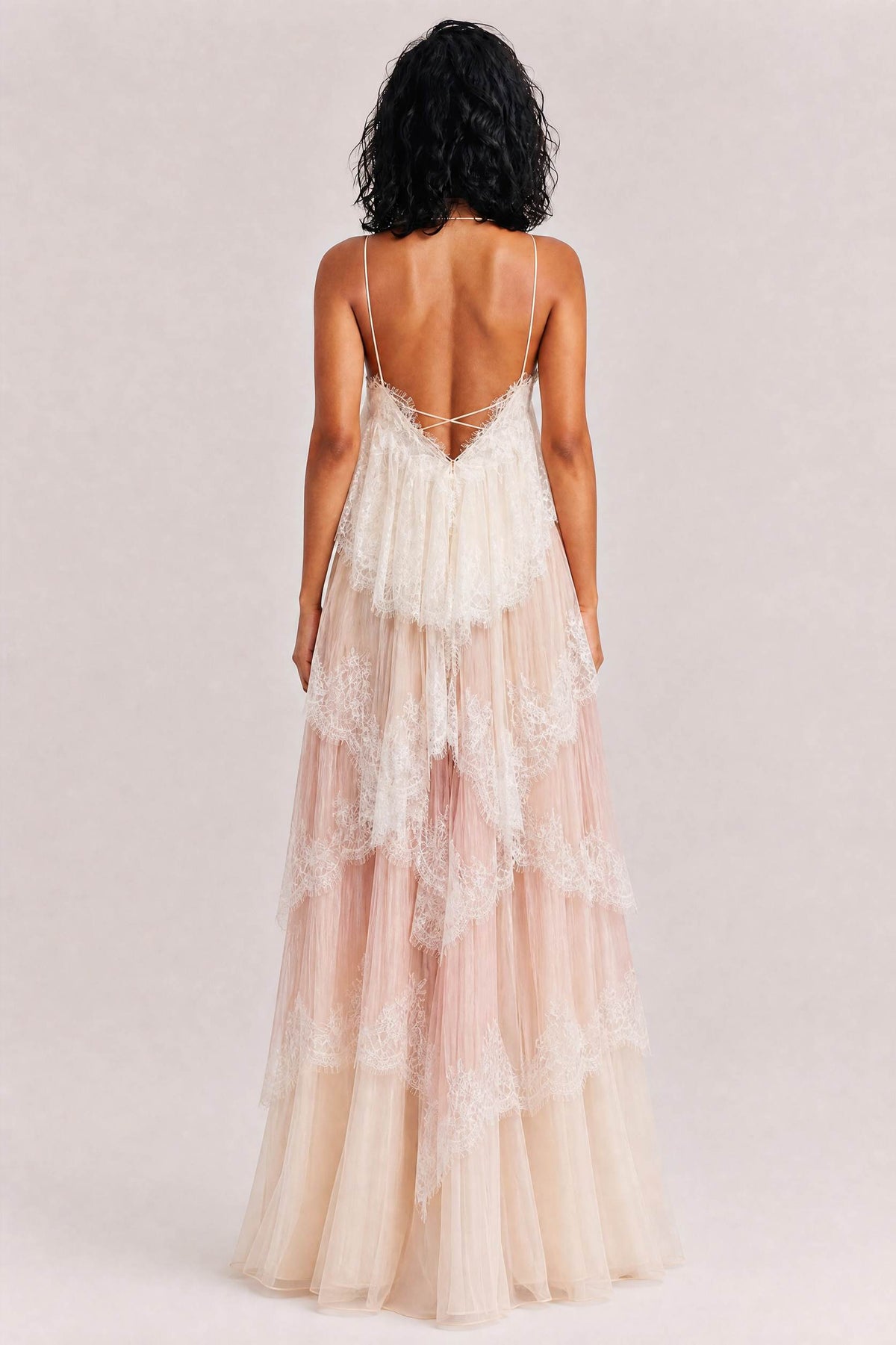 Ombre Tiered Lace Trim Spaghetti Strap Maxi Dress