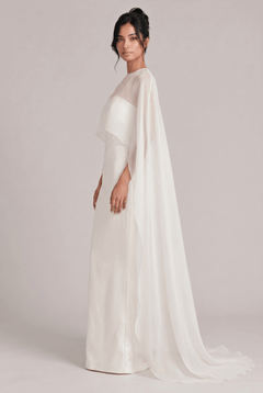 Elegant Sheer Cape Overlay Satin Maxi Dress