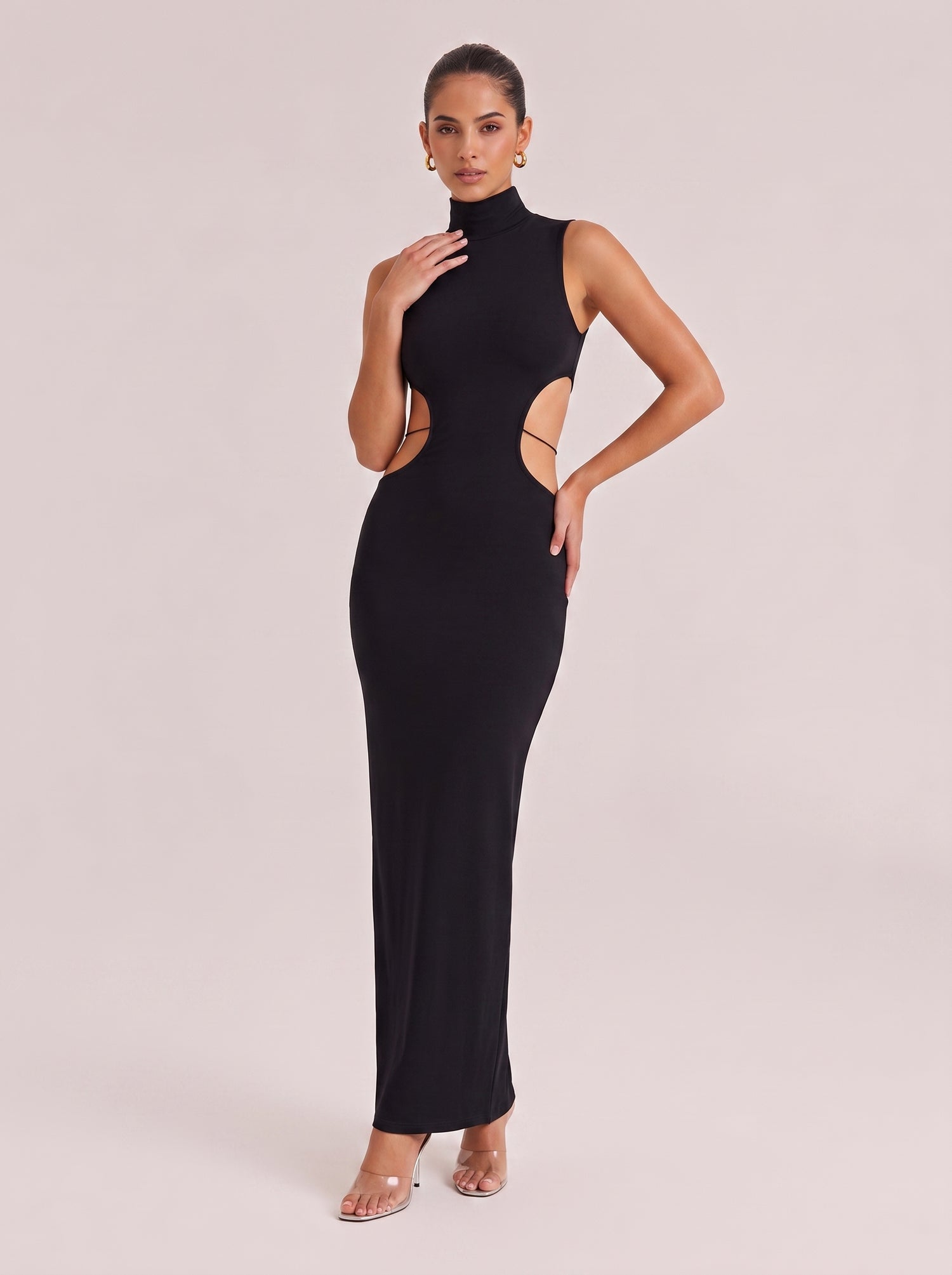 Black High-Neck Sleeveless Cut-Out Slim-Fit Hip Long Dress