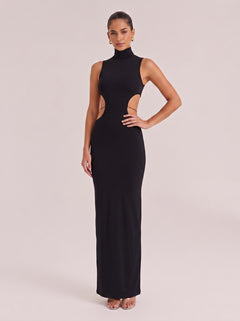Black High-Neck Sleeveless Cut-Out Slim-Fit Hip Long Dress