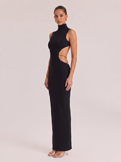 Black High-Neck Sleeveless Cut-Out Slim-Fit Hip Long Dress