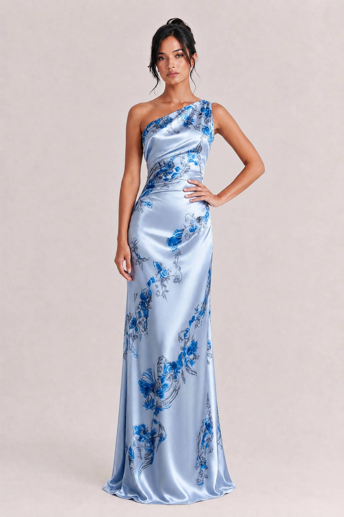 Elegant One-shoulder Floral Satin Maxi Dress