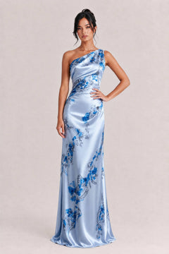Elegant One-shoulder Floral Satin Maxi Dress