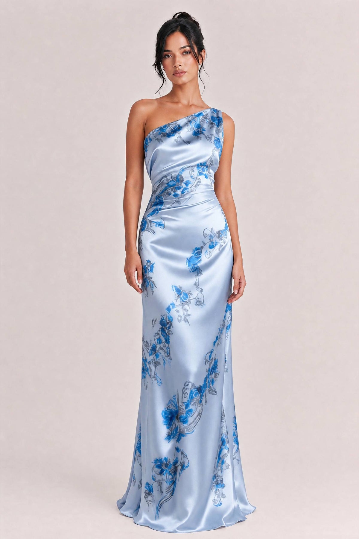 Elegant One-shoulder Floral Satin Maxi Dress