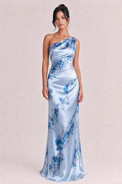 Elegant One-shoulder Floral Satin Maxi Dress