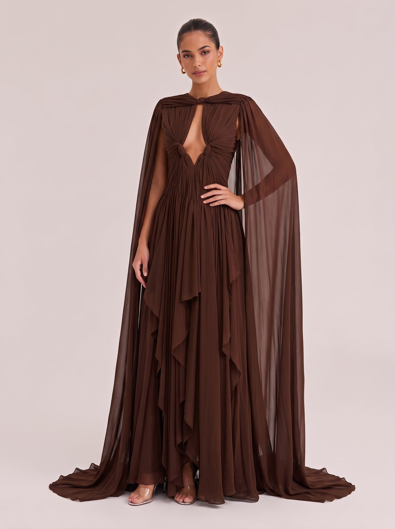 Dark Brown Hollow-out Twisted Pleated Cape Draped Chiffon Long Dress
