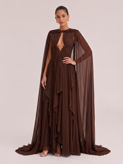 Dark Brown Hollow-out Twisted Pleated Cape Draped Chiffon Long Dress