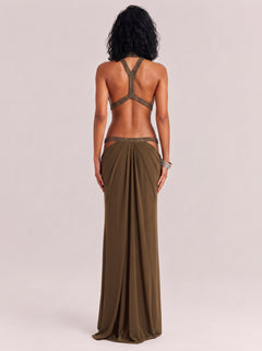 Brown Hanging Neck With Diamond Multi-Hollow Hanging Mesh Yarn Long Dress
