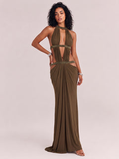 Brown Hanging Neck With Diamond Multi-Hollow Hanging Mesh Yarn Long Dress