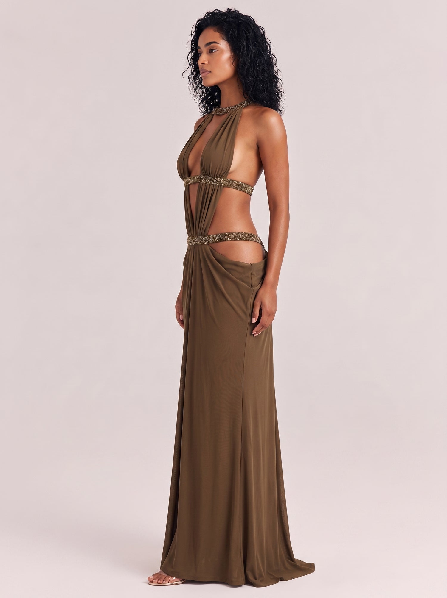 Brown Hanging Neck With Diamond Multi-Hollow Hanging Mesh Yarn Long Dress