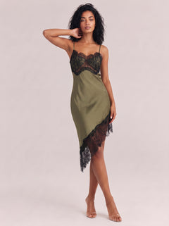 Chic Olive Green Satin Slip Dress With Black Lace Asymmetric Hem
